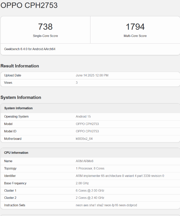 OPPO K13x 5G (CPH2753) Spotted on Geekbench with Dimensity 6300 and Android 15