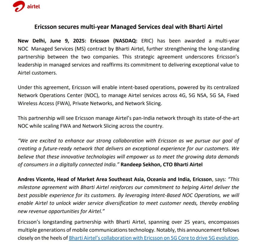 Ericsson Secures Multi-Year Managed Services Deal with Bharti Airtel to Boost 5G and Network Operations