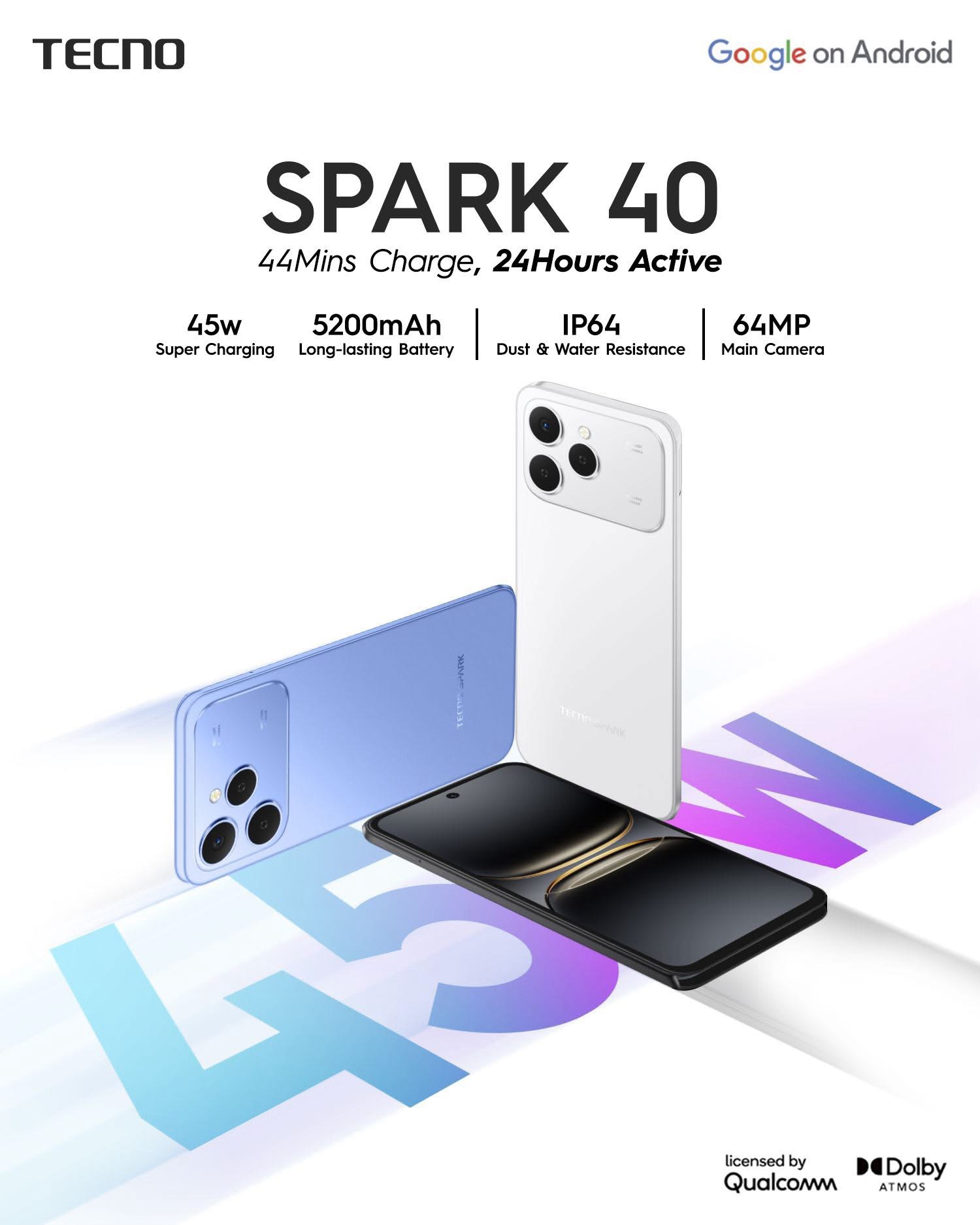 TECNO Spark 40 Launched with 44-Min Fast Charging, 64MP Camera and IP64 Rating