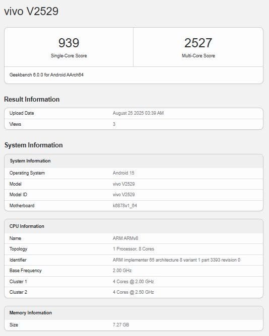 Vivo V60 Lite 5G (V2529) Spotted on Geekbench with Dimensity 7300 and Android 15